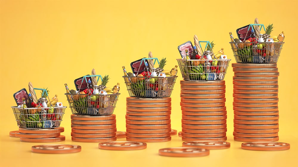 Varying sizes of stacks of coins with groceries on top.
