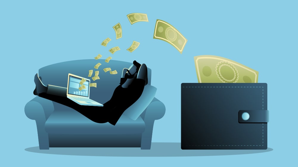 Man on Couch with Laptop Making Money - Cartoon