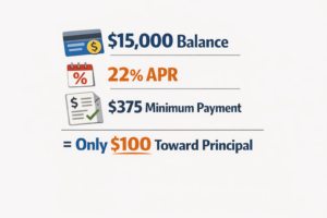 Infographic showing how most of a minimum payment goes to interest, not principal.