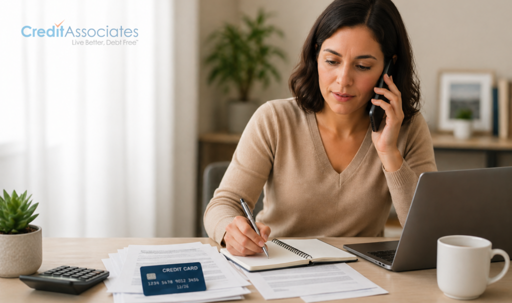 Woman reviewing credit card statements and negotiating debt by phone at home desk
