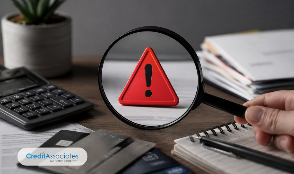 Magnifying glass over a red warning triangle beside a calculator, credit cards, and notepad